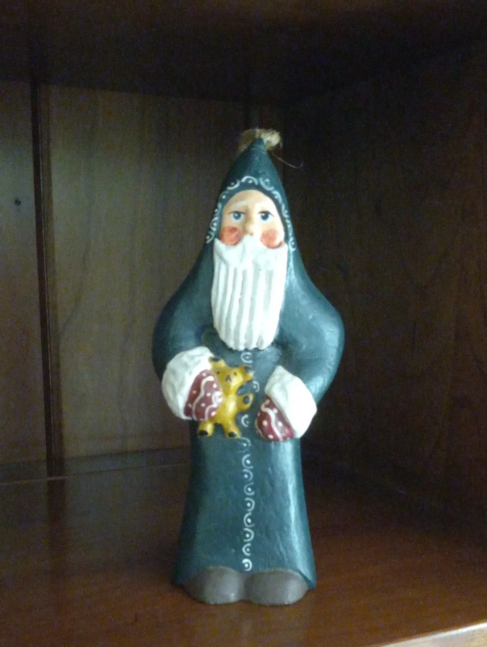 Nordic Folk Art Blue Santa Bell Figurine Ornament Carrying Teddy Bear